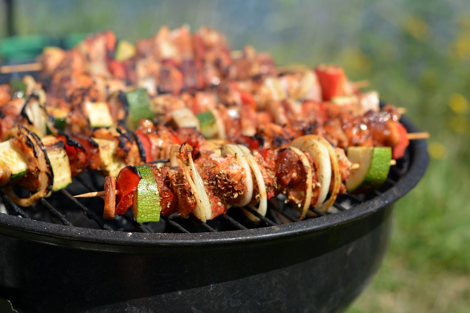 Kabobs on a grill.