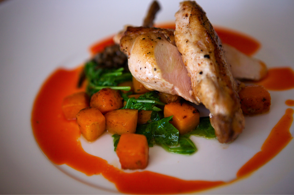 Pan roasted chicken with squash put on top of carrots.