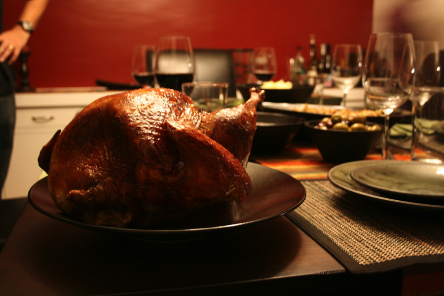 Close up of a turkey at a table for Thanksgiving.