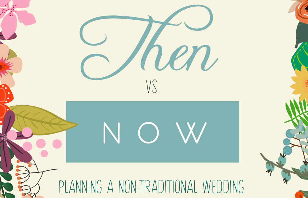 Image reads, "Then vs. Now - Planning A Non-Traditional Wedding"