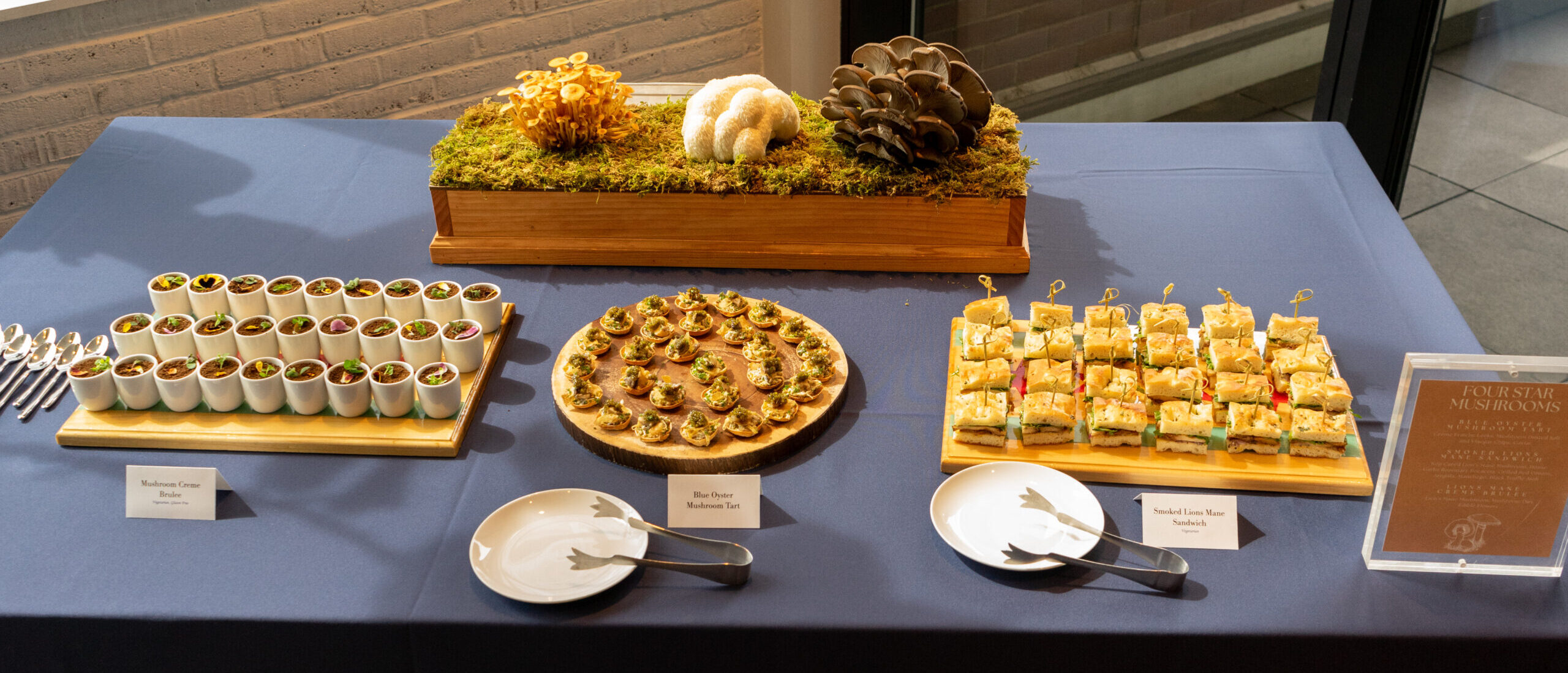 Buffet station featuring Four Star Mushrooms and 3 hors d'oeuvres.