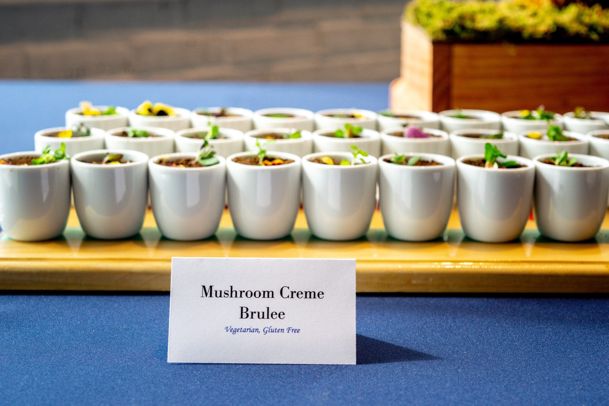 Small ceramic cups lined up and topped with chocolate 'dirt' and edible flowers. a table sign in front of them reads, "Mushroom Crème Brûlée"