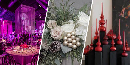Three images, one of a magenta-themed event, one of frosted and textured holiday table setting decor t, and one of modern, red holiday decor.