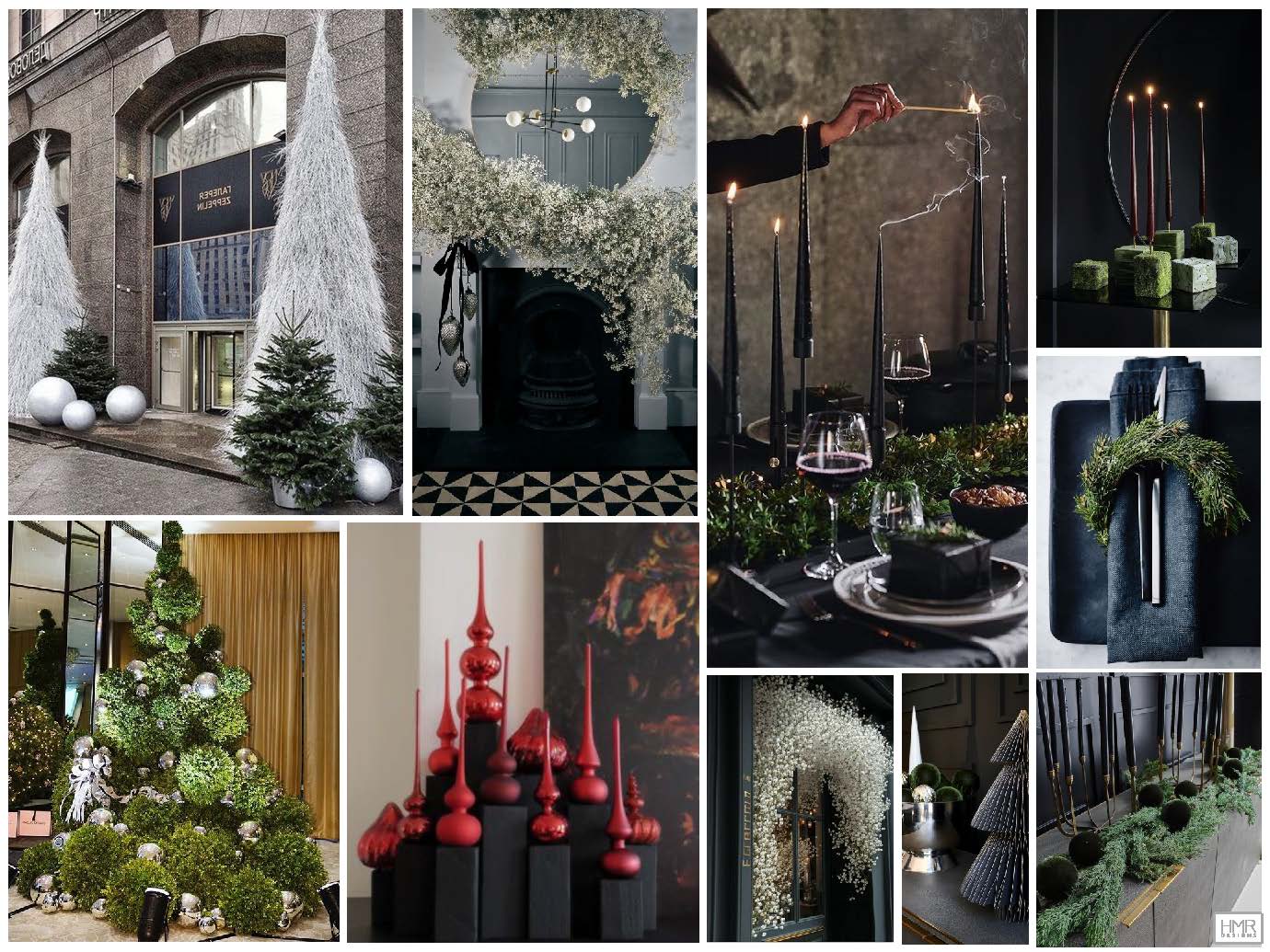 Collage of modern and simplistic holiday decor that focuses on greenery, metals, and texture.